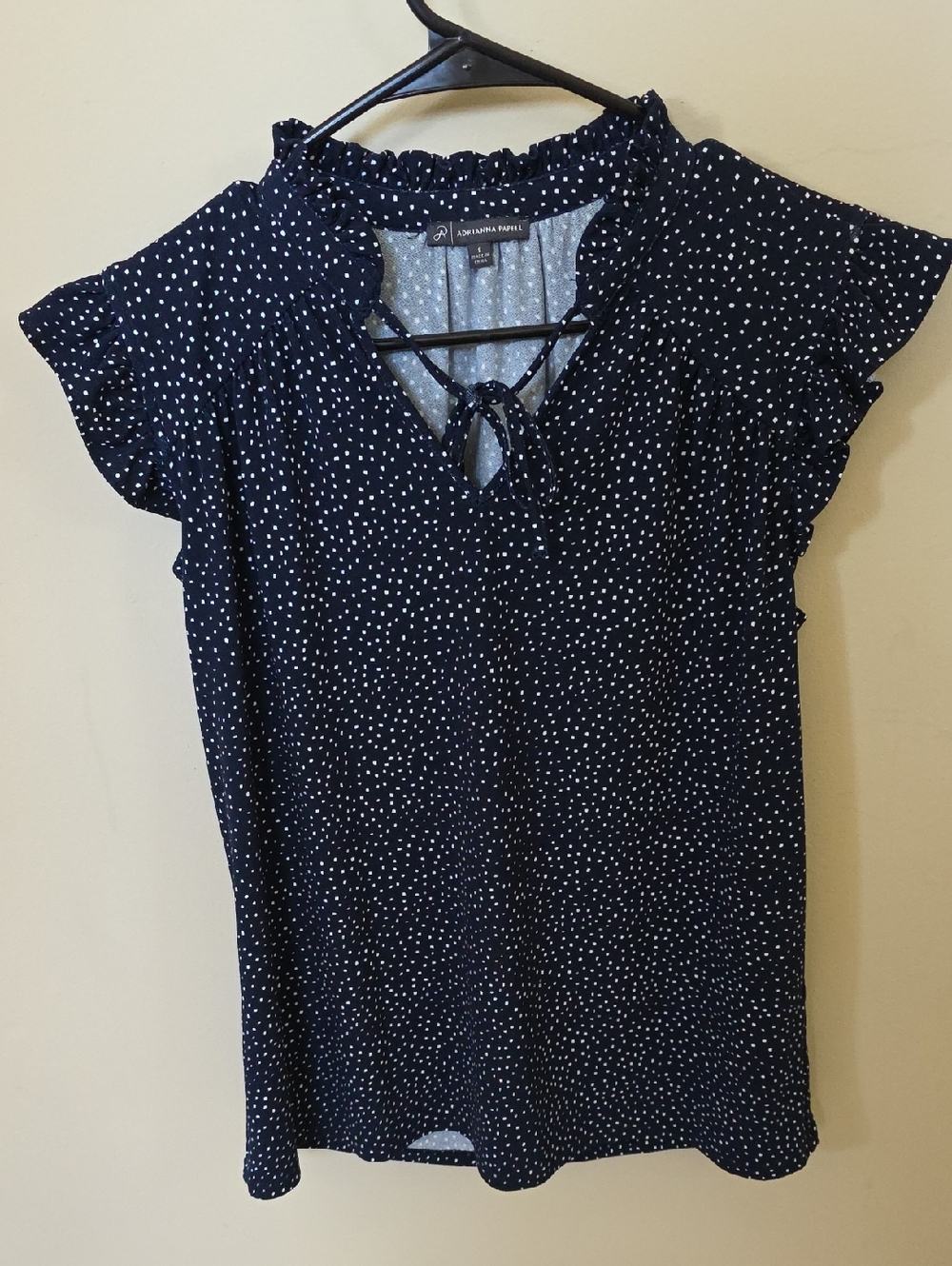 Adrianna Papell Navy with White Dot Ruffle Tie-Front Top Small